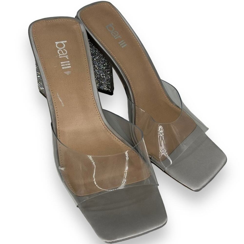 NWT Bar III Silver Heels Size 8 Rhinestone Crystal Chunky Scifi PVC Y2K Mules
